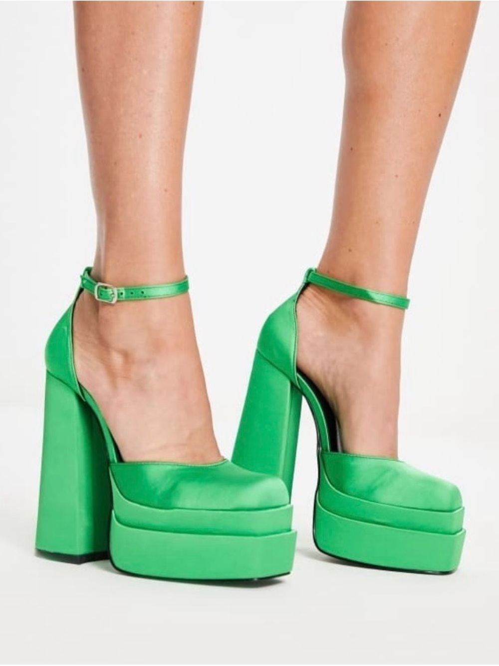 Satin Green Platform Ankle-Strap Heels